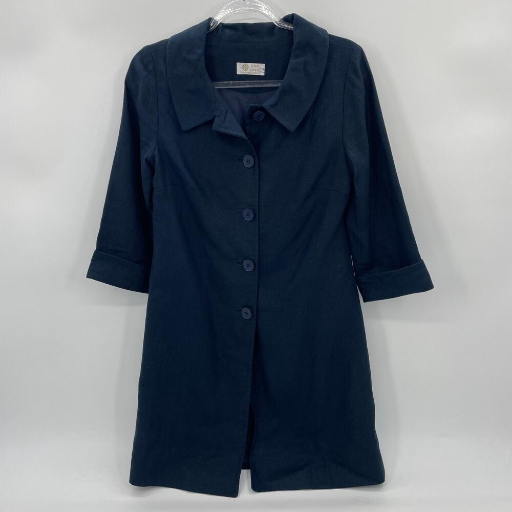 IRISH LINEN Jacket 3/4 Sleeve Lined Size 8 Blue Grey Button Front Long Line
